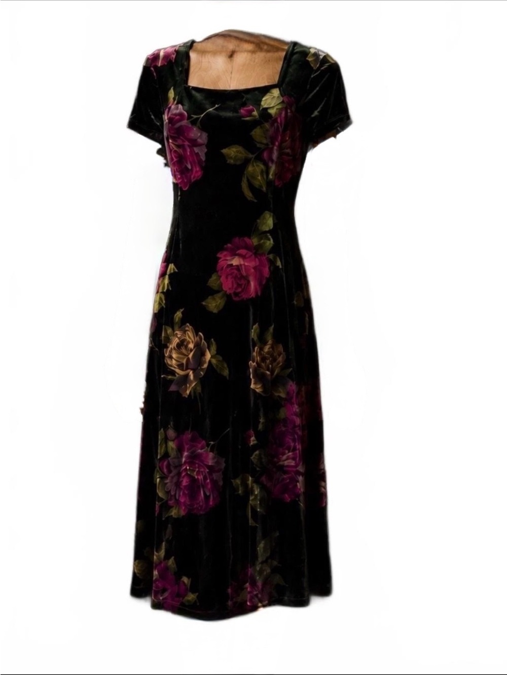 Ninety Black Velvet Maxi Dress with Pink and Brown Floral Print